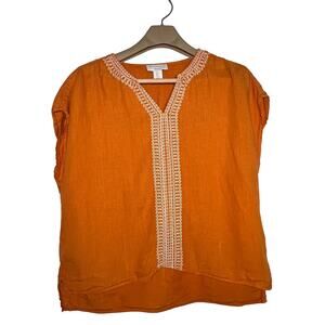 House of Harlow Linen Boho Embroidered Top Shirt LARGE Orange White Linen